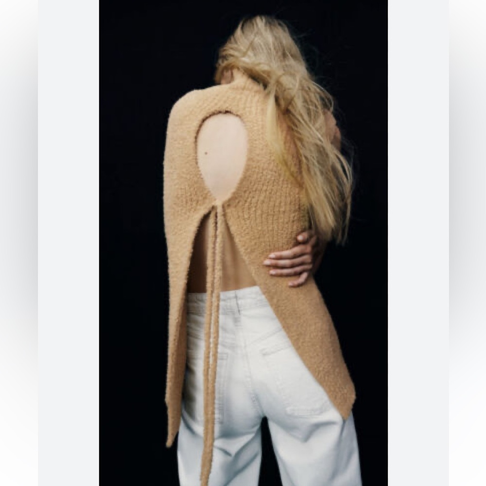 Zara Chenille Back Open Knit Sweater Vest High‎ Neck Mustard. Size Small.